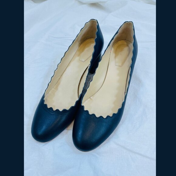 Chloe Scalloped Edge Blue Leather Block Heels - Size 39 - Picture 2 of 16